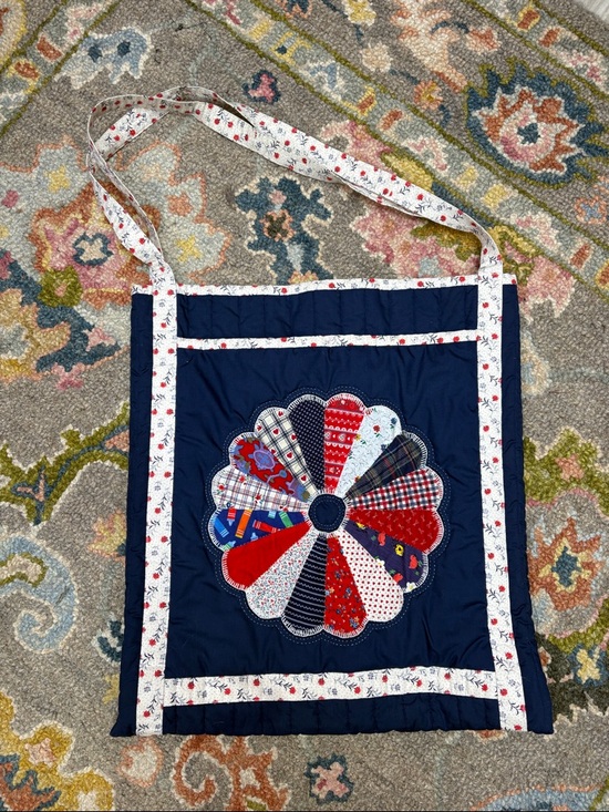 Handbags - Handcrafted Quilted Navy Patchwork Flower Tote Bag